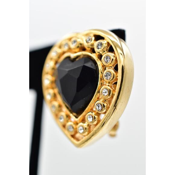 Vintage Crystal Heart Clip On Earrings Black Chunky Gold Heavy NOS 1980s A22 - Picture 12 of 16